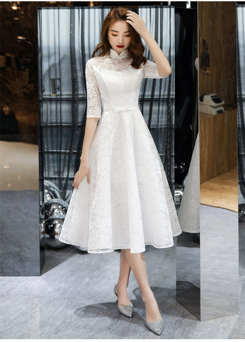 Lovely White Tea Length Lace Simple Short Sleeves Party Dress, White Lace Wedding Party Dress Graduation Dress
